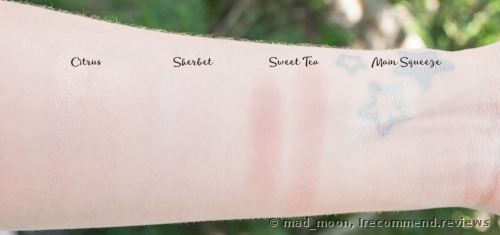(the second quad) on the left -the swatch with my finger and on the right the swatch with a brush 